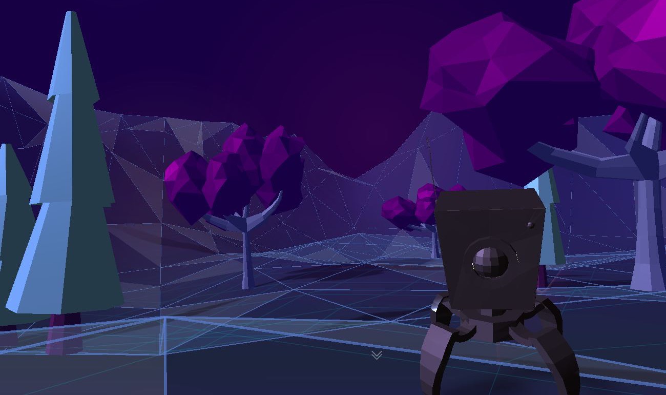 Forêt low poly et robot du Programmeur, scène néon